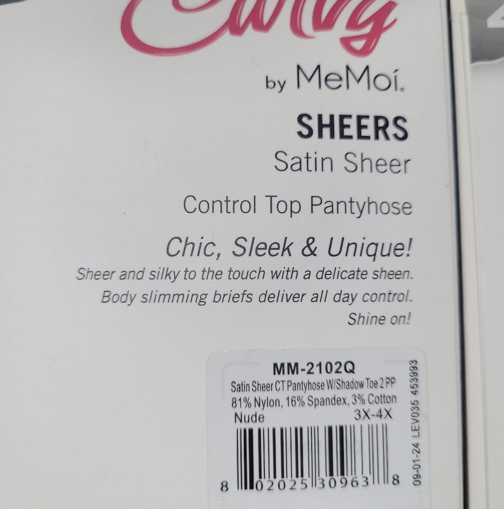 2 2-Pks(4 Pairs) MeMoi Womens Size 3X-4X Nude Satin Sheer Control Top Pantyhose - Picture 8 of 9